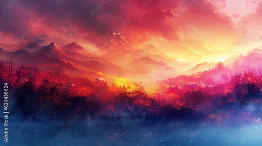 Wall mural Majestic sunset over mountainous landscape - Wall murals