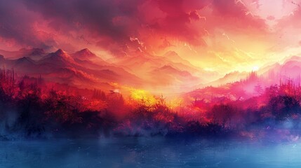 Naklejka premium Majestic sunset over mountainous landscape