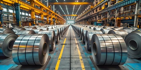 Steel rolls gleam in precision at industrial warehouse Immaculate and professional setting. Concept Steel Industry, Warehouse Operations, Precision Manufacturing, Industrial Photography