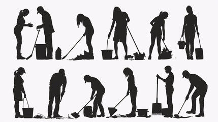 Vector silhouette set of people in various poses on a white background