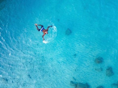 Westpunt, Curacao - 05 January 2024: Aerial view of transparent turquoise waters of Caribbean Sea, Westpunt, Curacao.