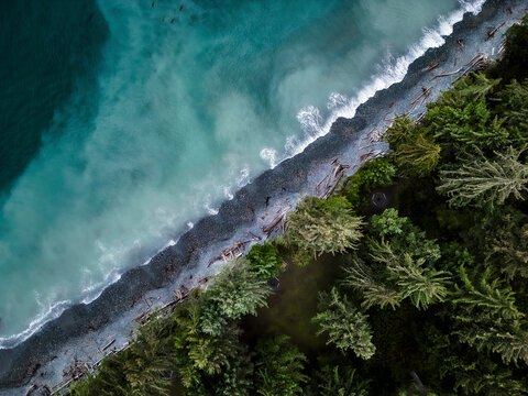 Aerial view of beautiful transparent ocean coastline, Sooke, British Columbia, Canada.