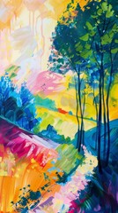Canvas art of a colorful, abstract forest scene with vivid hues and expressive brushstrokes