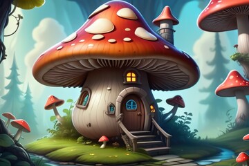 A whimsical mushroom house with a door and windows sits charmingly in a forest, surrounded by a variety of mushrooms both large and small. The playful scene creates an enchanting and fantastical atmos