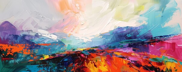 Vibrant abstract acrylic painting depicting a dynamic, colorful landscape