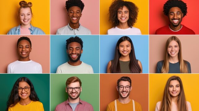 Set of smiling teens photo of various nationalities on color background