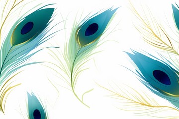 Obraz premium Abstract pattern featuring elegant peacock feathers on a white background, rich in intricate details and vibrant colors.
