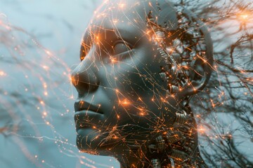 A fusion of a human face and tree branches depicting digital and natural harmony