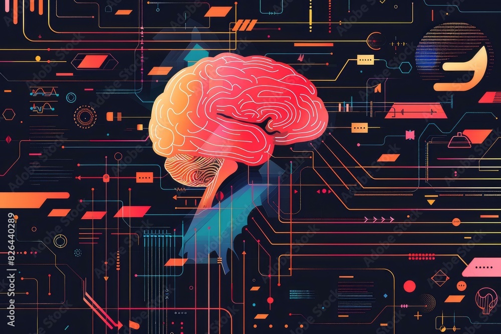 Poster illustration of a futuristic digital brain concept with artificial intelligence technology. cybernet