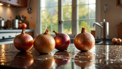 Many unpeeled yellow or brown onions, some of which are cut, lie on a reflective glass table in the kitchen at sunrise or sunset. Close-up, side