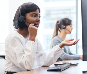Call center, question and black woman with headset, help and customer service in office for...