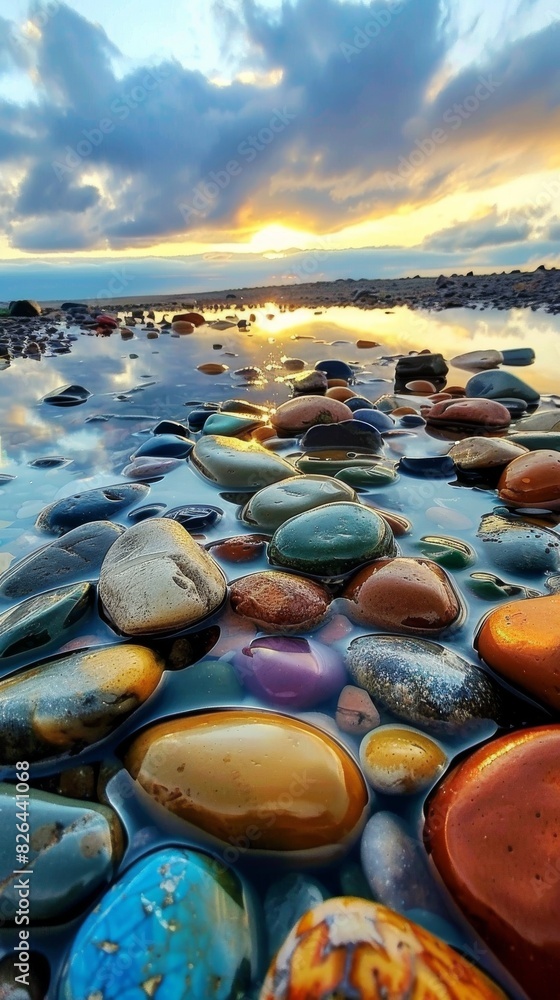 Wall mural Colorful pebbles glisten under a vibrant sunset by the tranquil seaside