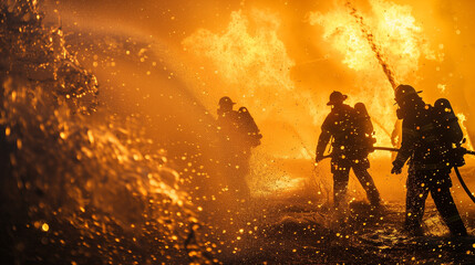 Fototapeta premium Firefighters battling a blaze surrounded by intense flames.