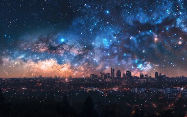 Starry night sky above a cityscape, focus on, urban astronomy theme, vibrant, composite, city backdrop