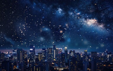Starry night sky above a cityscape, focus on, urban astronomy theme, vibrant, composite, city backdrop