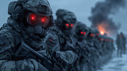 Soldiers with glowing goggles in snowy battlefield.