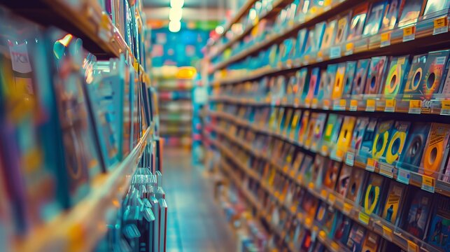 Vintage CD rental store with rows of shelves filled with colorful CD cases, nostalgic atmosphere, ideal for retro-themed promotions and media archives, captured with natural indoor lighting.