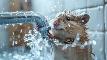Adorable Plumber Quokka Fixing Leaky Pipe with Splashing Water in Surreal