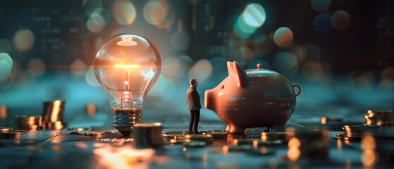 Piggy bank with a businessman and a light bulb, close up, innovation theme, ethereal, blend mode, creative studio backdrop