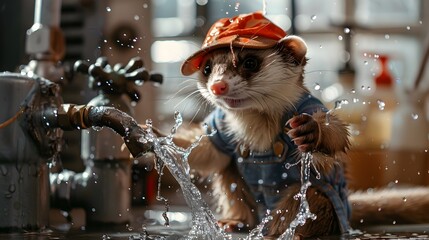Surreal of Ferret Plumber Fixing Leaking Pipe with Water Splash in Professional Studio Setting