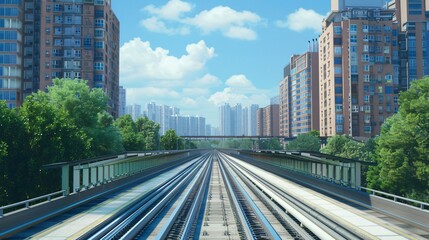 Chinese City Subway with Urban Background, Blue Sky, and Outdoor Setting, Featuring Tracks Running and Subway in Motion, Perfect for Urban Transportation and Cityscape Illustrations.