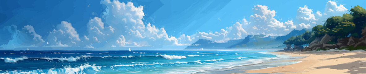 Obraz premium serene beach with calm waters, lush greenery, and a clear blue sky with fluffy white clouds. Generative ai vector illustration. Pop art comic book style imitation