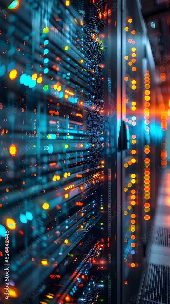 Poster Futuristic Server Room with Glowing Blinking Lights Reflecting Digital Data Transfer and Networking Technology