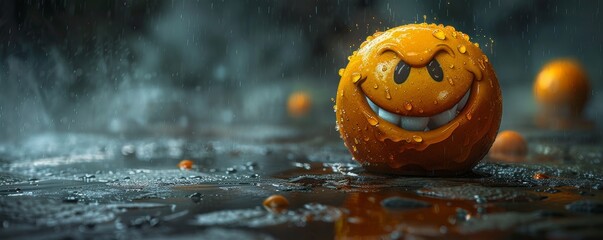 Smiling orange macaron in rainy ambiance