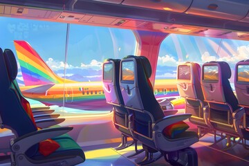 LGBTQ+ friendly airlines: Design a scene of LGBTQ+ friendly airlines, with rainbow-themed planes, inclusive signage, and diverse travelers enjoying their flights in a welcoming atmosphere