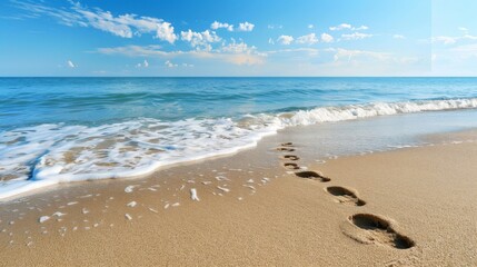 Footprints on a serene beach shoreline