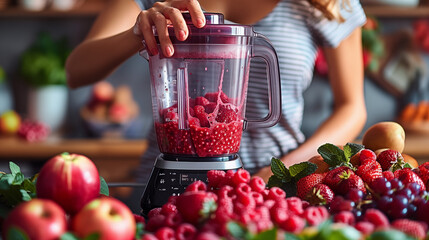 Woman using a blender to make a smoothie with red berries and fruits in the kitchen at home, closeup view.