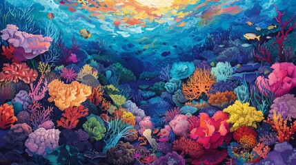 An artistic representation of Hawaii's coral reefs, featuring an array of vibrant colors and intricate patterns. The illustration highlights the diversity of marine life and the beauty of the