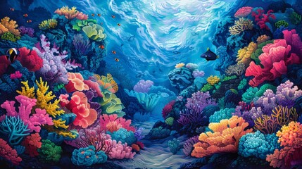 An artistic representation of Hawaii's coral reefs, featuring an array of vibrant colors and intricate patterns. The illustration highlights the diversity of marine life and the beauty of the