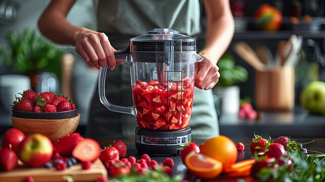 A woman is using an electric blender to make smoothies with strawberries and green vegetables, surrounded by fresh ingredients on the kitchen counter. - Powered by Adobe