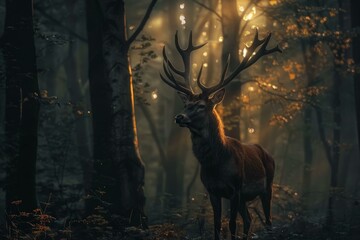 Silhouette of a large stag with impressive antlers stands in a mystical, foggy forest illuminated by morning light