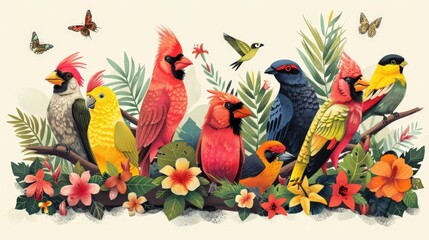 A minimalist depiction of Hawaii's exotic wildlife, featuring stylized representations of native birds and animals. The clean lines and vibrant colors highlight the unique fauna of the islands.
