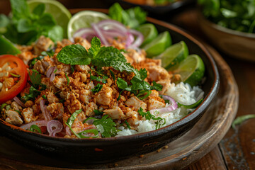 Close-up Thai larb salad with minced chicken and herbs