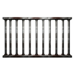 Black iron railing with evenly spaced bars on transparent background