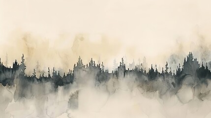 The watercolor painting shows a forest of pine trees in the fog. The muted colors and soft brushstrokes create a calming and peaceful atmosphere.