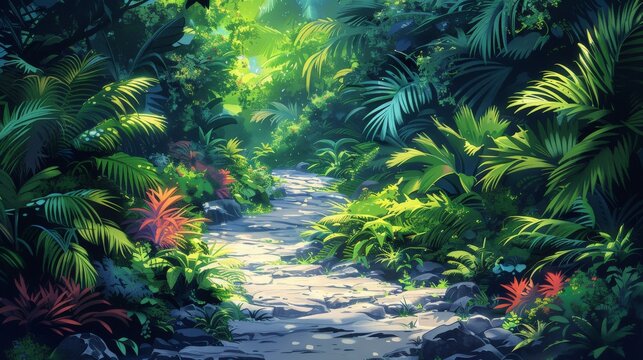 A stylized illustration of island trails winding through lush greenery. The clean lines and vibrant colors create a sense of exploration and adventure.