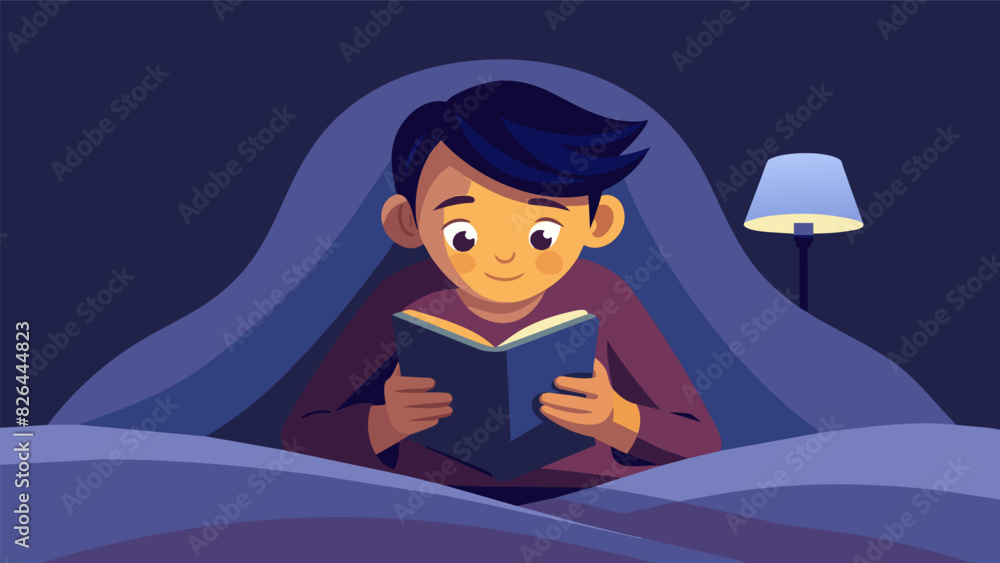 Poster a young reader propped up in bed their ebook casting a soft glow on their face as they delve into th