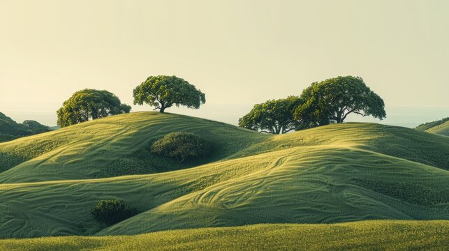 A minimalist depiction of a scenic landscape in Hawaii, featuring rolling hills, scattered trees, and a tranquil atmosphere. The artwork emphasizes simplicity and natural beauty.