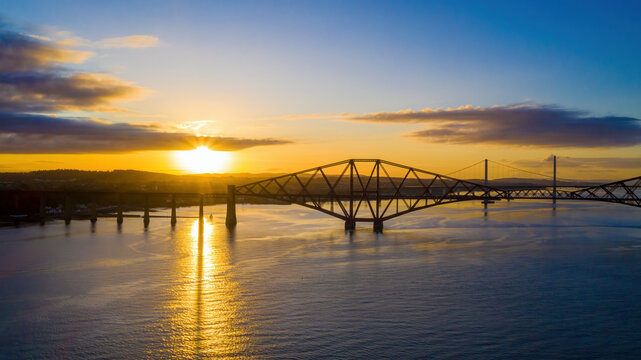 Aerial view of Queensferry Crossing and Forth Bridges, Edinburgh, Scotland.