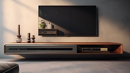 A modern, sleek TV stand with a mounted flat-screen and soundbar and a glass shelf and a simple design - Powered by Adobe