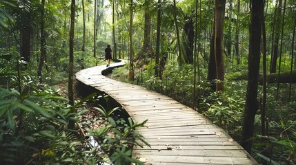   A person stands on a wooden path surrounded by tall trees in a dense forest - Powered by Adobe