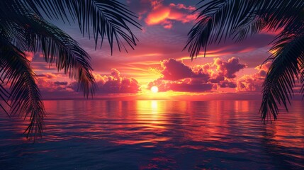 A stylized digital artwork depicting a vibrant Hawaiian sunset over the ocean. The sky is painted with hues of orange, pink, and purple, reflecting off the calm waters. Silhouettes of palm trees