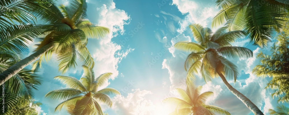 Wall mural Tropical paradise with sun flare through palm trees