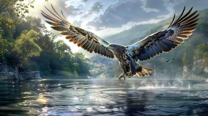   A bird soaring above a tranquil body of water against a backdrop of trees - Powered by Adobe