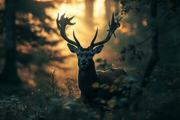 Noble stag stands amidst a mystical forest glade, basked in the golden light of a setting sun