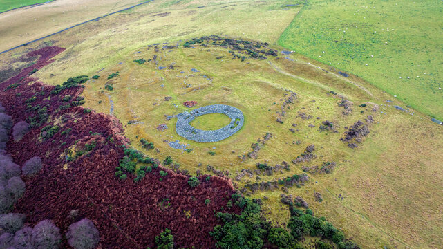 Aerial view of ancient stone structure Edin's Broch, Duns, Scotland, United Kingdom.